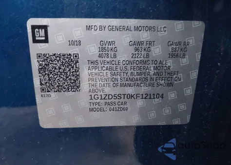 2019 Chevrolet Malibu Lt из США, поврежденный, VIN 1G1ZD5ST0KF121104